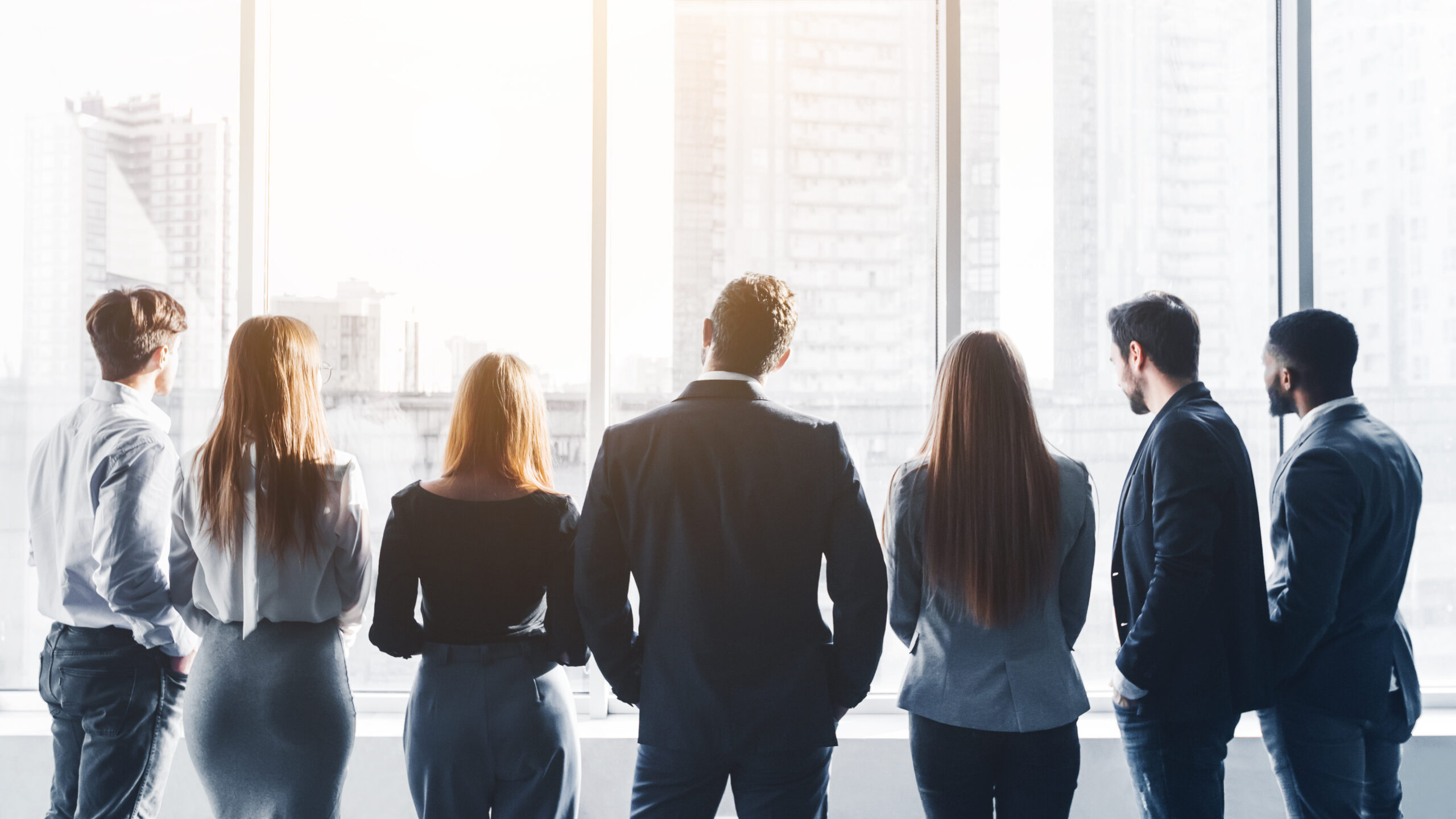 Business team looking through window, back view